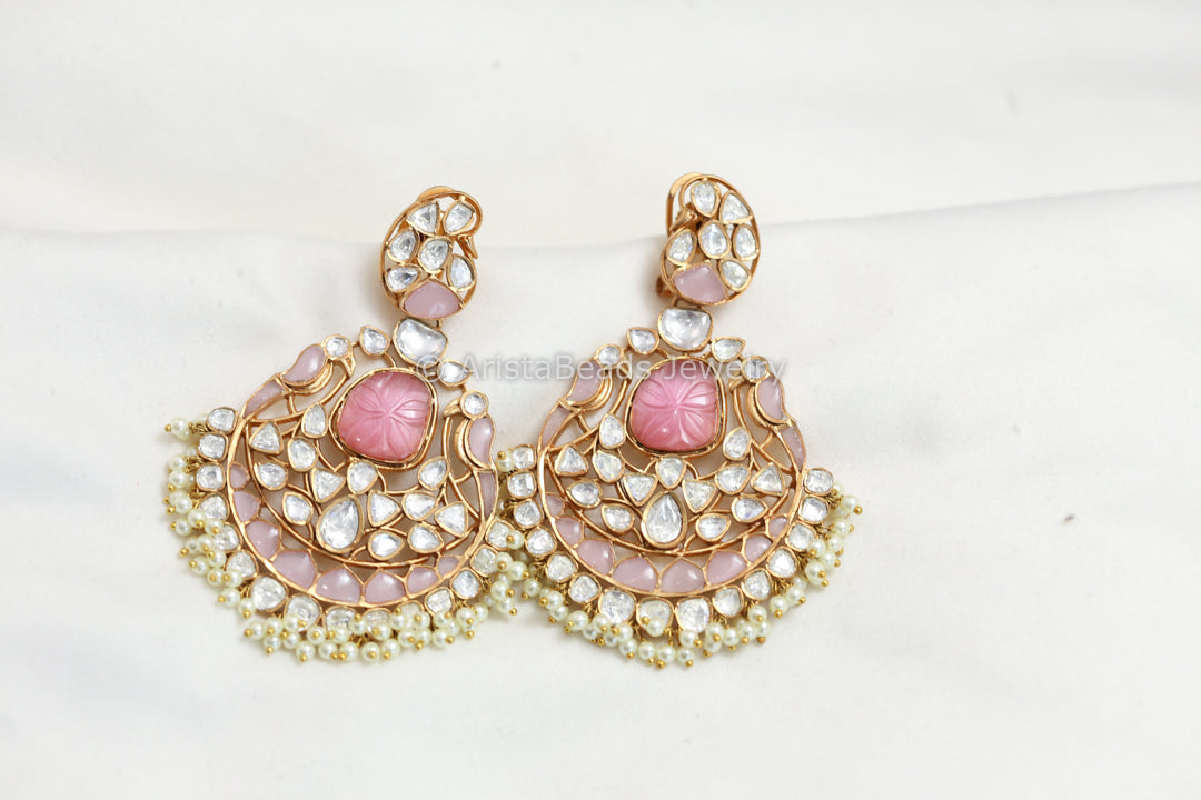Pink Jadau & Uncut Polki Kundan Chandbaali