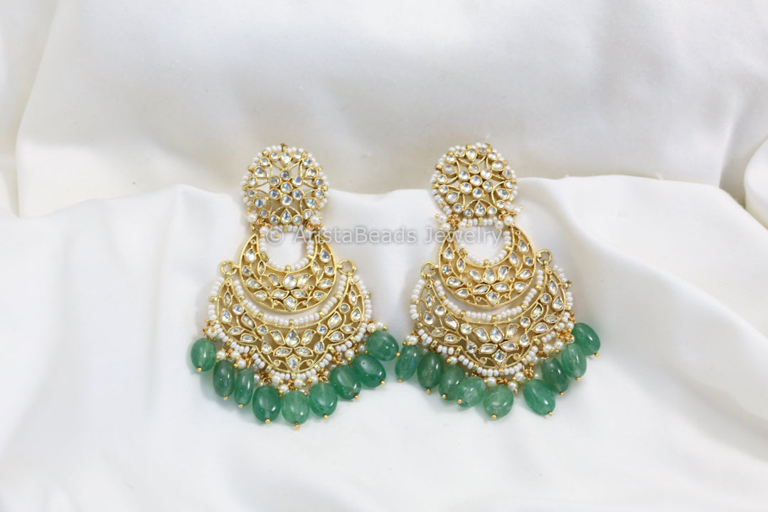 Fine Pachi Kundan Chandbaali - Aventurine Drops