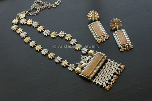 Dual Tone Carved Stone Necklace