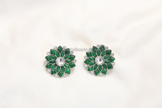 Jadau Kundan Silver Finish Studs - Green