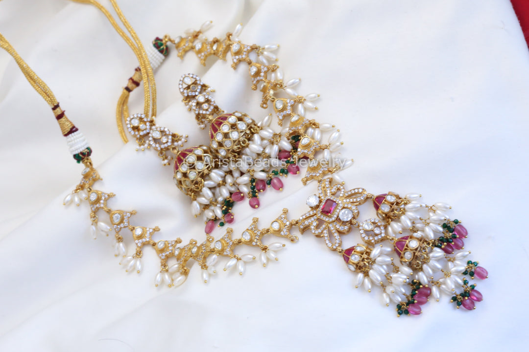 Real Moissanite & Jadau Jhumka Necklace Set - Ruby