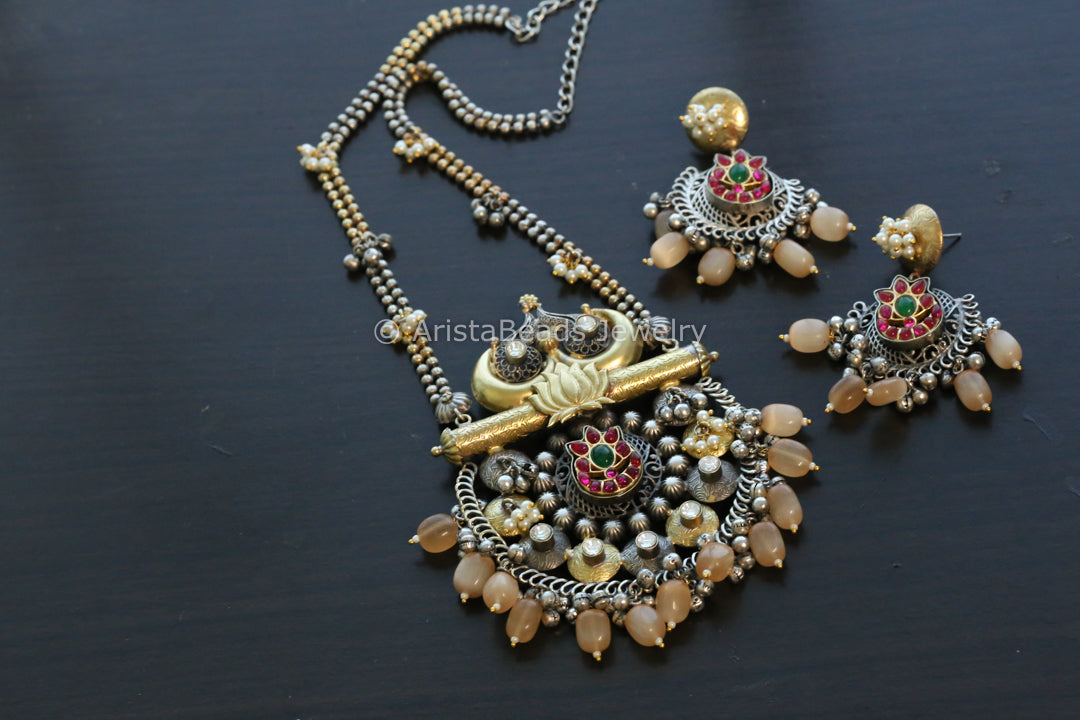 Silver Look Kemp Kundan Fusion Necklace Set - Mint Clear