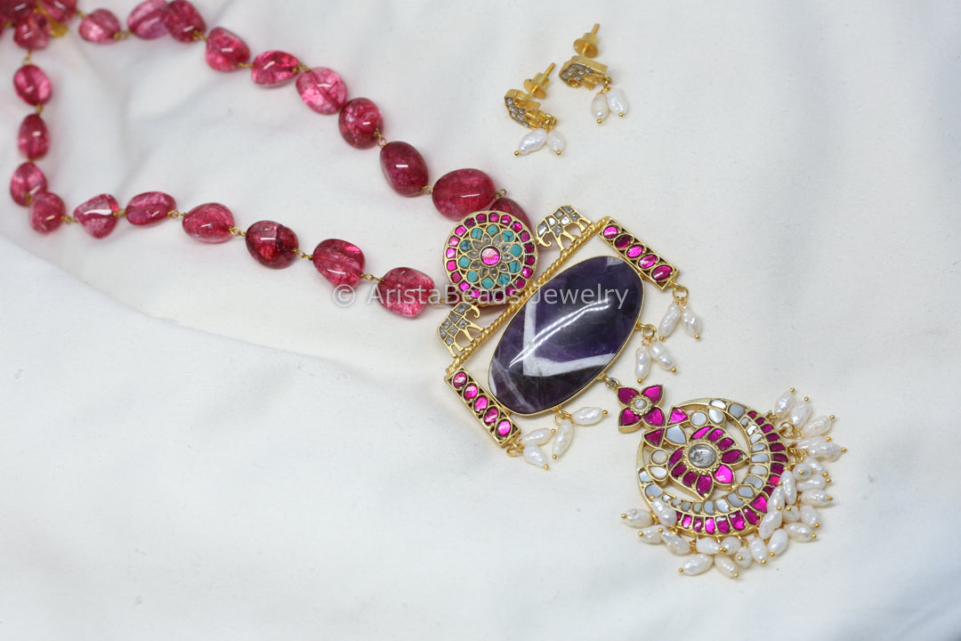 MOP Ruby Jadau Fusion Necklace Set -  Amethyst