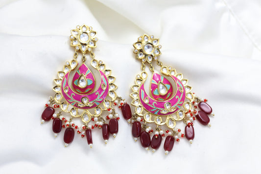 Enamel Foil Kundan Earrings - Pink
