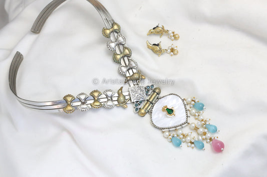 Silver Look MOP Jadau Fusion Necklace Set - Style 2