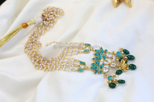Lotus Kundan Jadau Necklace - Turquoise