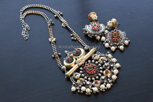 Silver Look Kemp Kundan Fusion Necklace Set - Pearl