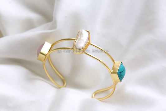 Turquoise Pearl & Rose Quartz Brass Bracelet (Adjustable)