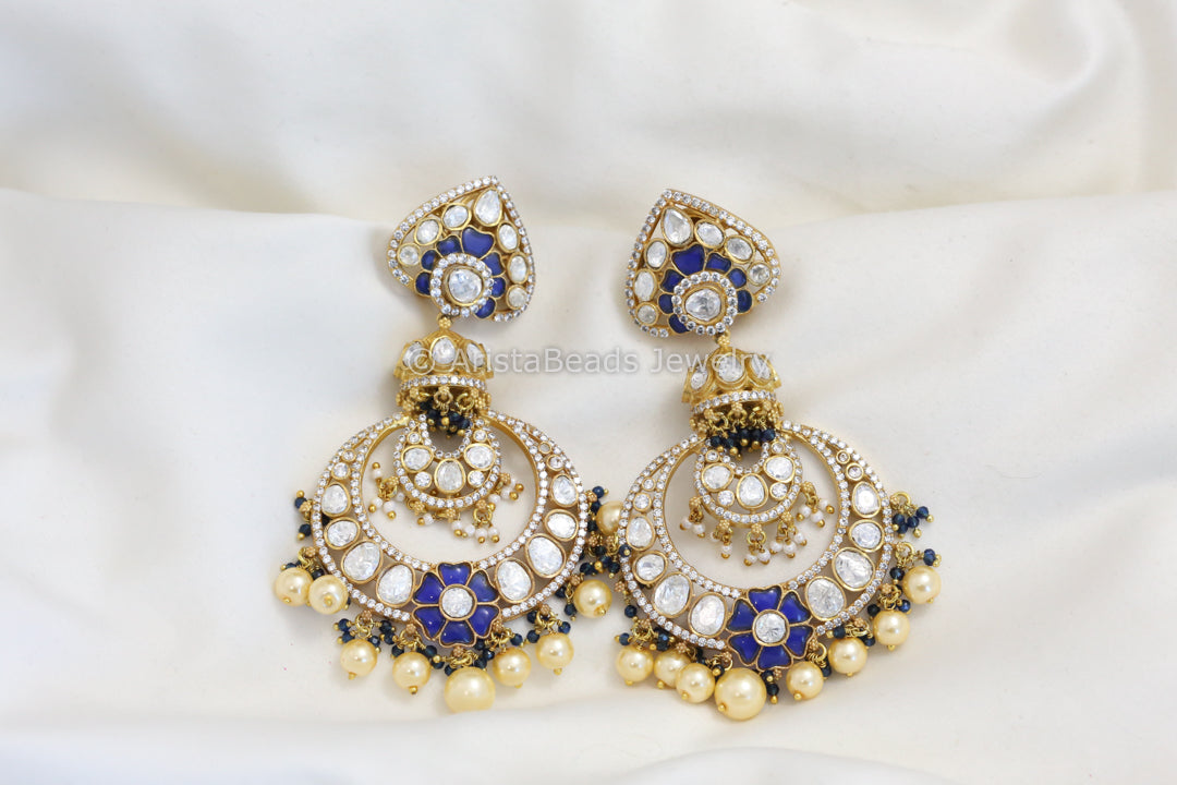 Real Moissanite Blue Kundan Jadau Earrings