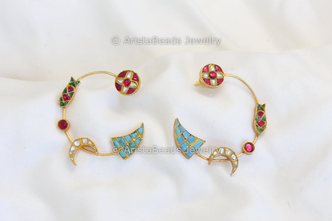 Contemporary Jadau Kundan Crescent Chandbaali - Turquoise