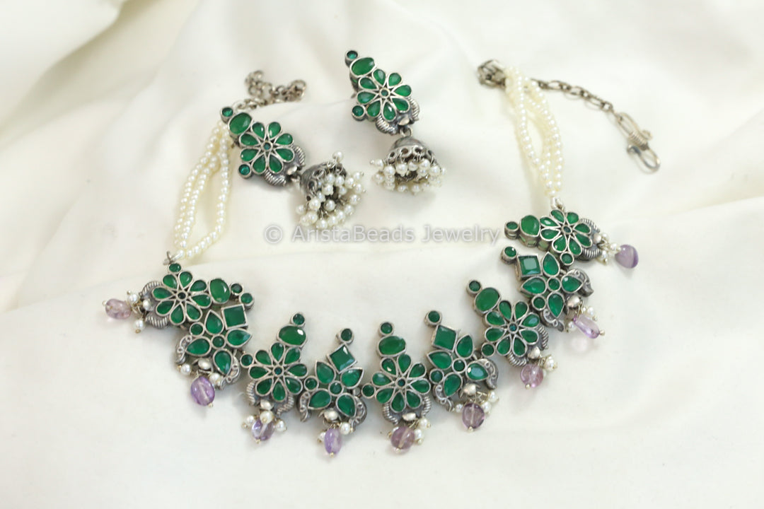 Sitara Silver Look Oxidized Necklace Set - Green