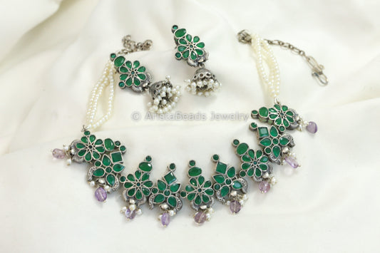 Sitara Silver Look Oxidized Necklace Set - Green