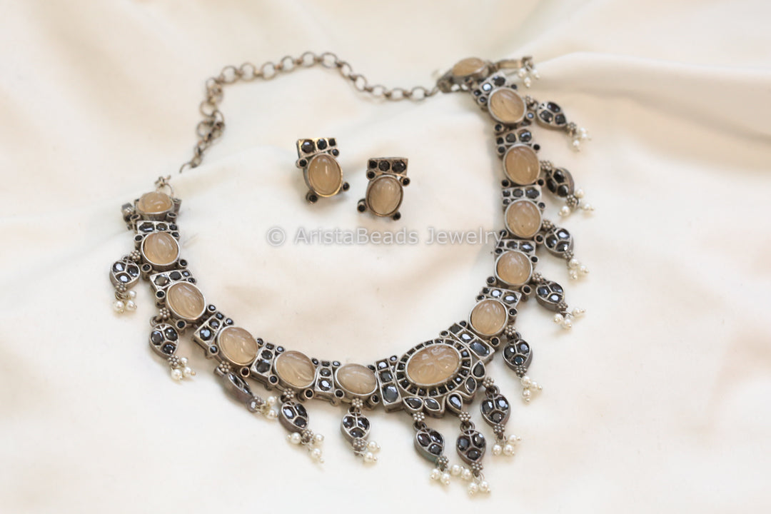Carved Stone Oxidized Necklace Set - Peach Black