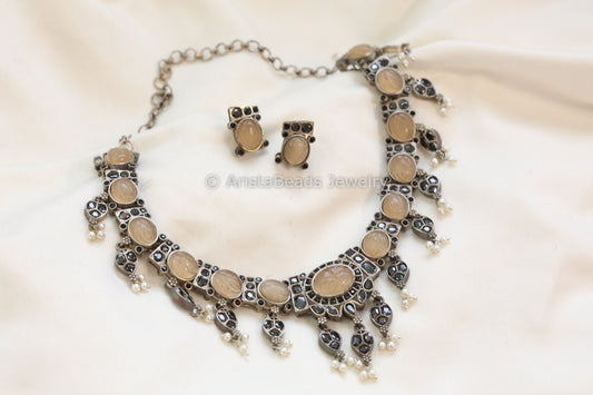 Carved Stone Oxidized Necklace Set - Peach Black