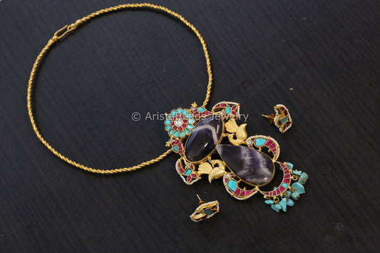 Amethyst & Turquoise Jadau Kundan Pendant Set ( Removable)