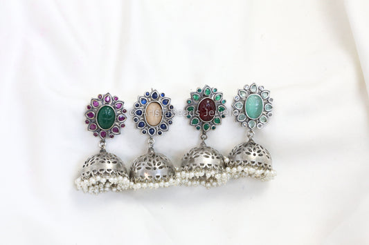 Silver Replica Carved Pota Stone Jhumka