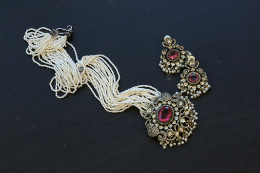 Dual Tone Victorian Necklace Set  - Fuchsia pink