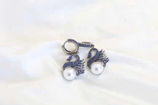 Premium Pave Setting CZ Swan Earrings -Blue