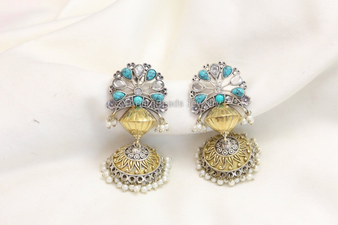 Silver Look Dual Tone Jhumka - Turquoise