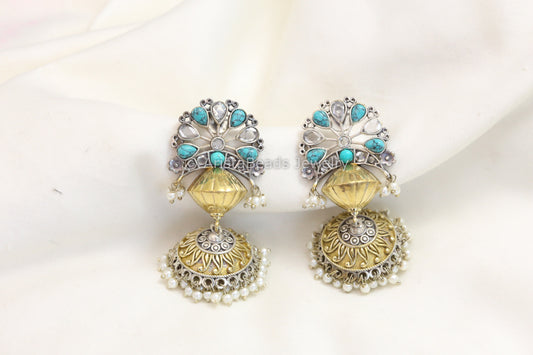Silver Look Dual Tone Jhumka - Turquoise
