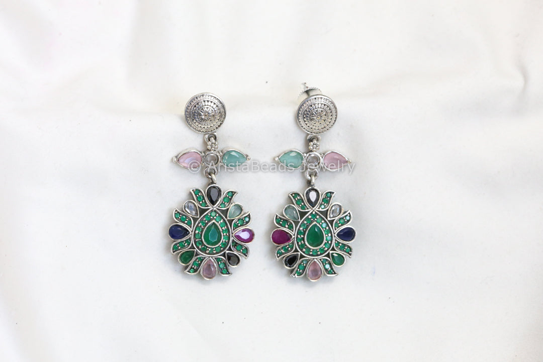 CZ Polki Silver Look Earrings - Green Multi