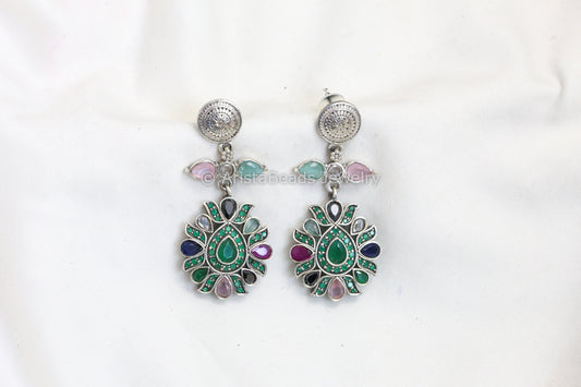 CZ Polki Silver Look Earrings - Green Multi