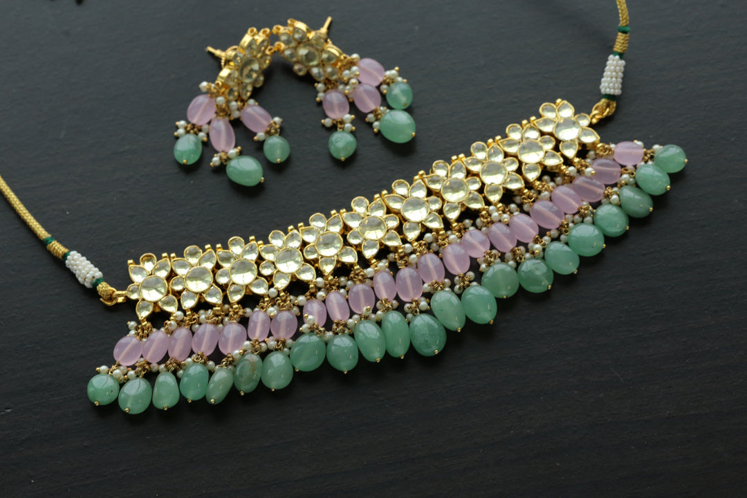 Pastel Drops Clear Pachi Kundan Necklace With Gold Foil