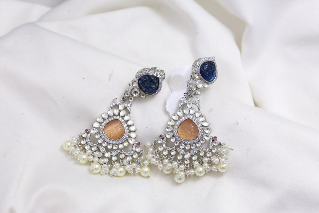 Fine Kundan Polki & CZ Earrings With Carved Stones