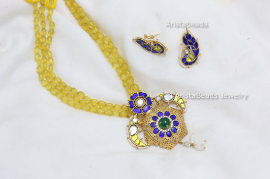 Yellow Blue Jadau Necklace Set