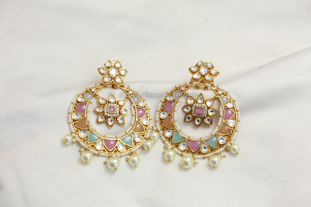 Pastel Jadau & Uncut Polki Kundan Chandbaali