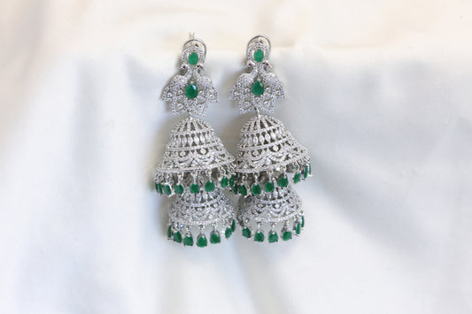 Silver Finish 2-Tier Jhumka -Emerald