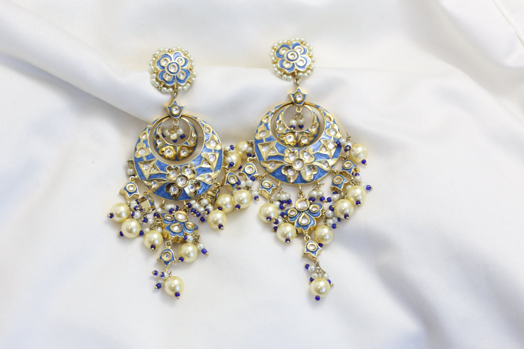 Jadau Polki Enamel Chandbaali - Blue