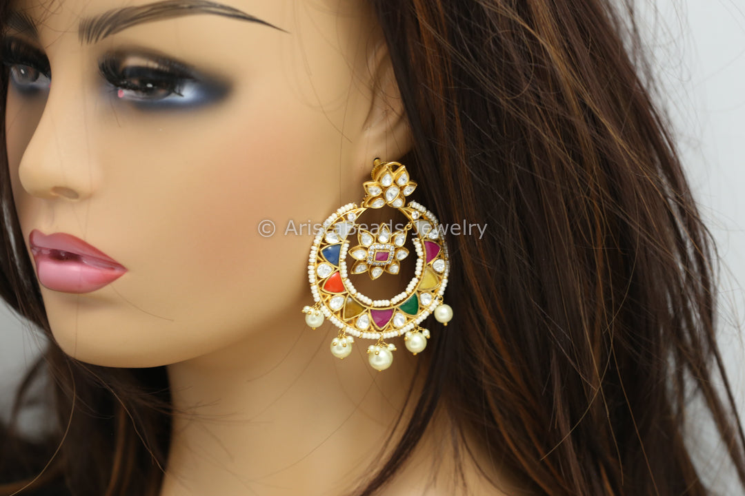 Navratan Jadau & Uncut Polki Kundan Chandbaali