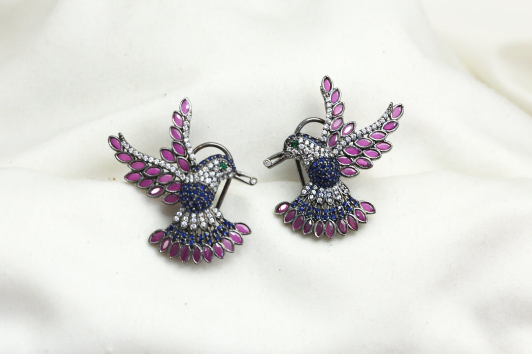 Pave Setting CZ Bird Earrings - Blue Ruby