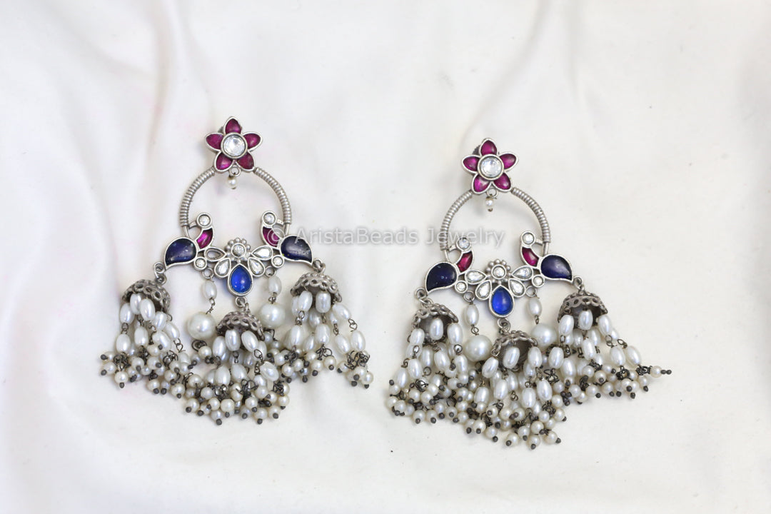 Long Silver Look Kundan Chandbaali Jhumka - Ruby Blue