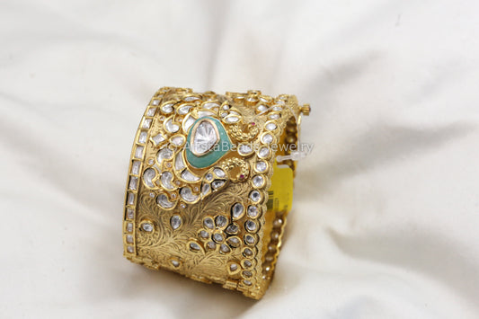 Premium Uncut Polki Kundan Wide Bangle (Aqua Pota)