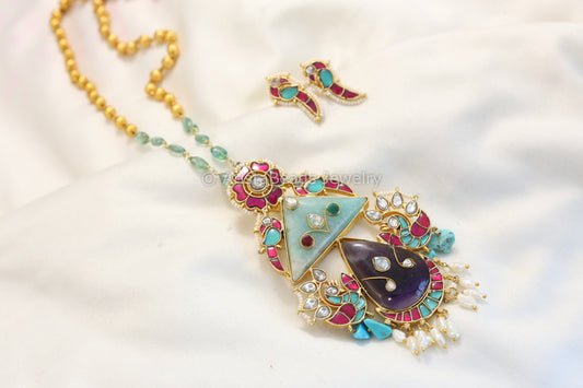 Amethyst Larimar Fusion Kundan Jadau Pendant Set