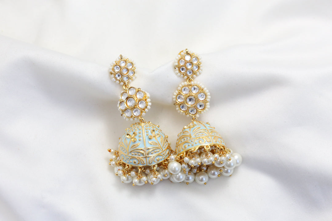 Kundan Polki Enamel Jhumka - Powder Blue