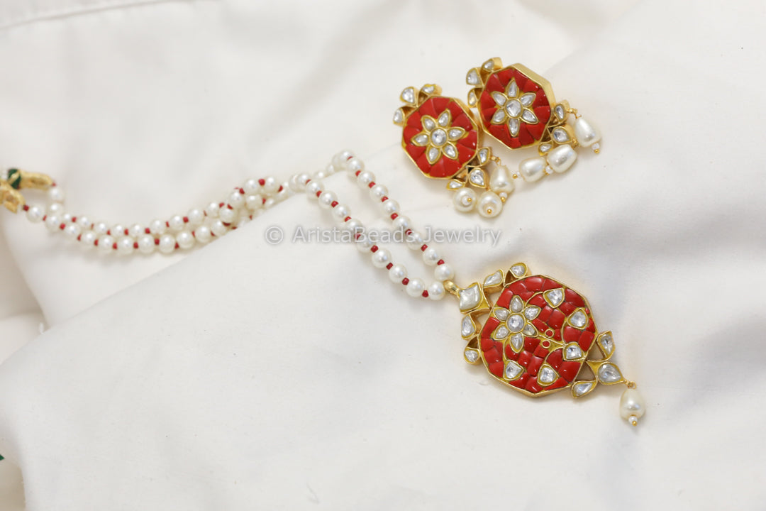 Jadau Takkar Kundan Work Necklace Set- Coral