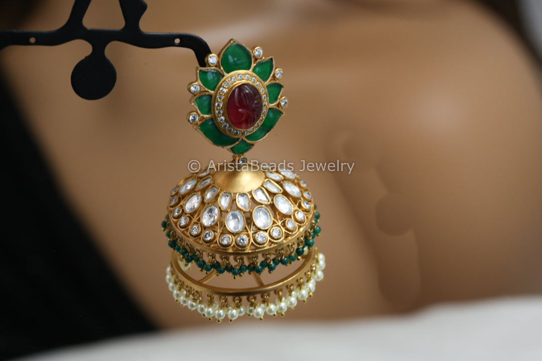 Premium Takkar Jadau & Uncut Polki Jhumka- Green Ruby