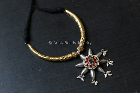 Silver Look Jadau Fusion Hasli Necklace