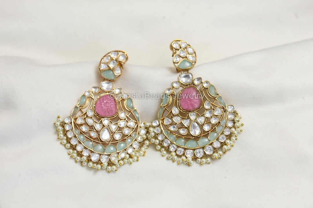 Pink Mint Jadau & Uncut Polki Kundan Chandbaali