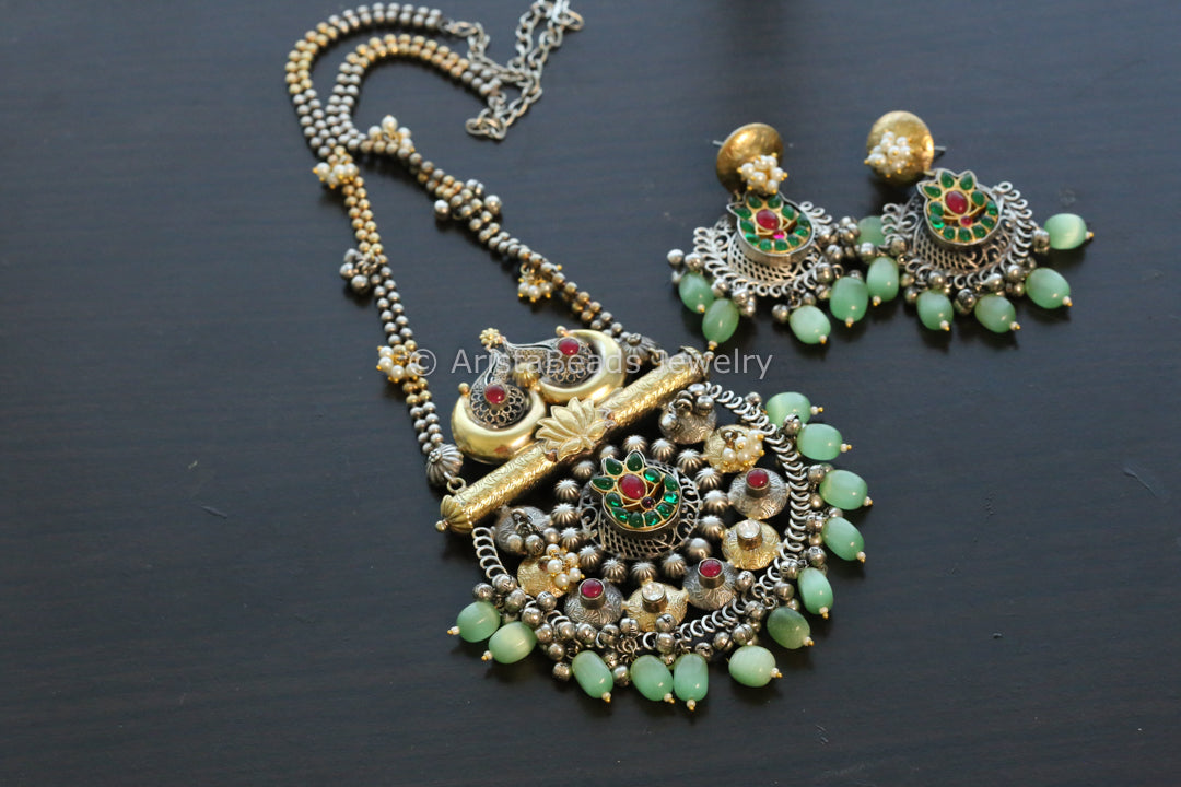 Silver Look Kemp Kundan Fusion Necklace Set - Mint
