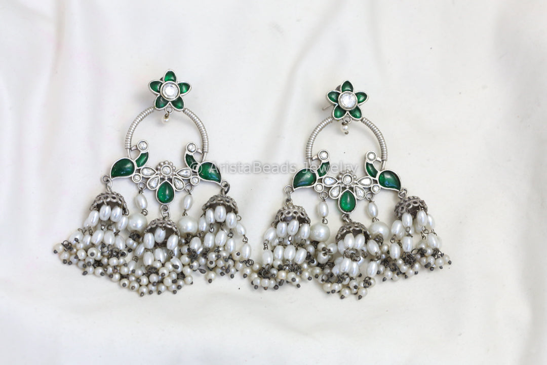 Long Silver Look Kundan Chandbaali Jhumka- Green
