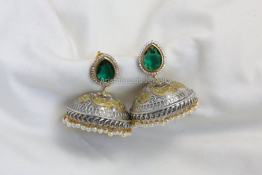 CZ Stud Dual Tone Jhumka -Green