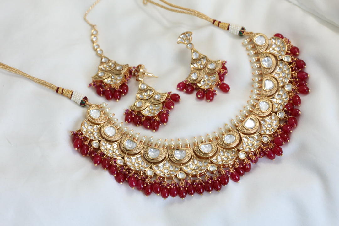 Premium Polki Kundan Necklace Set - Red Drops