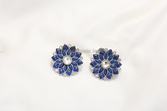 Jadau Kundan Silver Finish Studs -  Blue