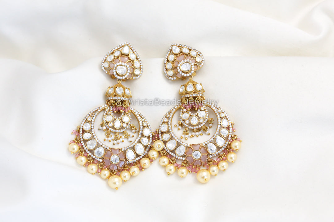 Real Moissanite Pink Kundan Jadau Earrings