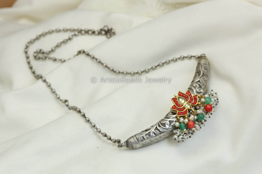 Coral Jadau Tabeez Oxidized Necklace