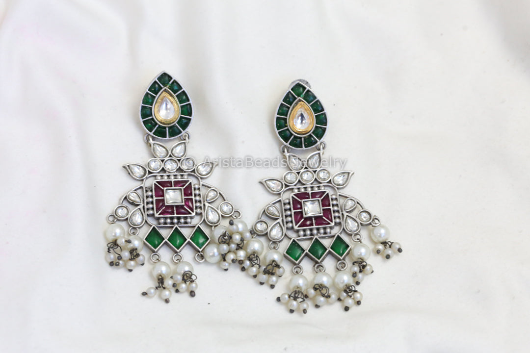 Real Silver Look Alike Kundan Earrings - Green